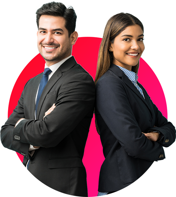 Two professionals in suits standing back to back