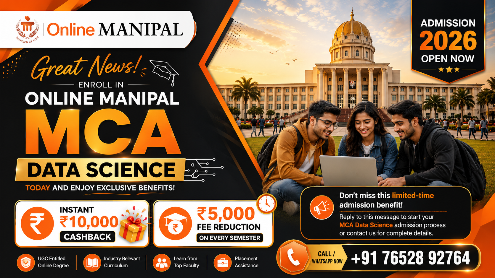 Online Manipal MCA Data Science Admission 2026 – Get ₹10,000 Instant Cashback + ₹5,000 Semester Fee Reduction | Limited-Time Offer