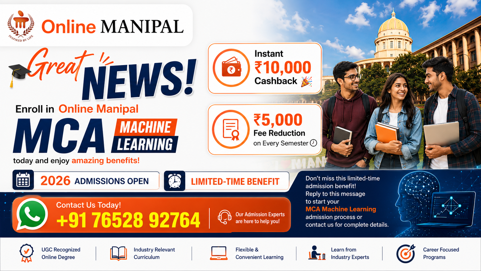 Online Manipal MCA Machine Learning Admission 2026 – Get ₹10,000 Instant Cashback + ₹5,000 Fee Reduction Every Semester | Complete Admission Guide